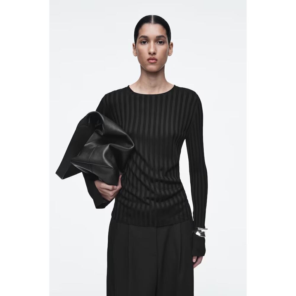 COS Rib-Knit Slim Fit Crew Neck Long Sleeve T-Shirt Black Women's Size XS
